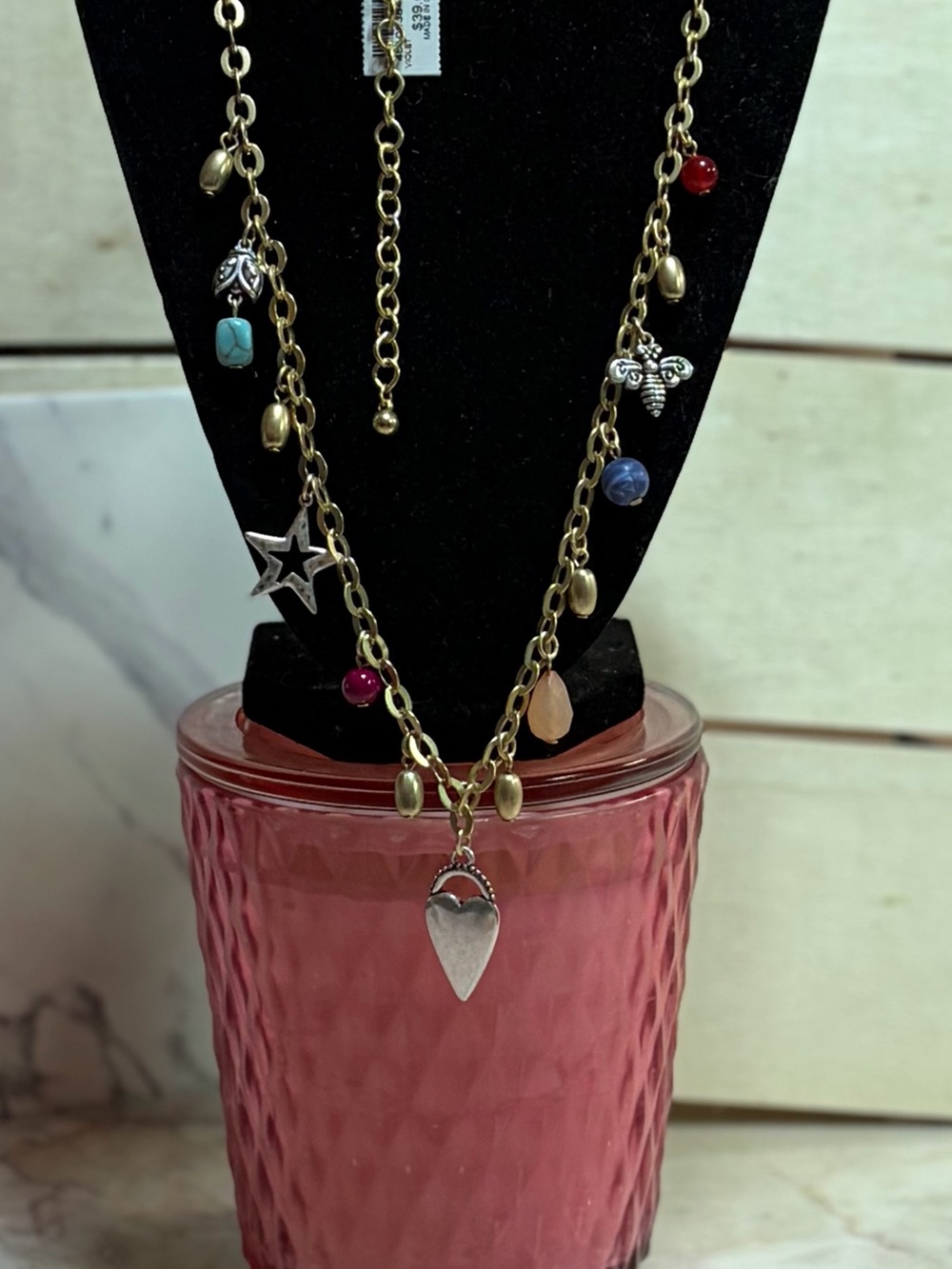 Chico's Gold Tone Multi-Charm Necklace with Colorful Beads